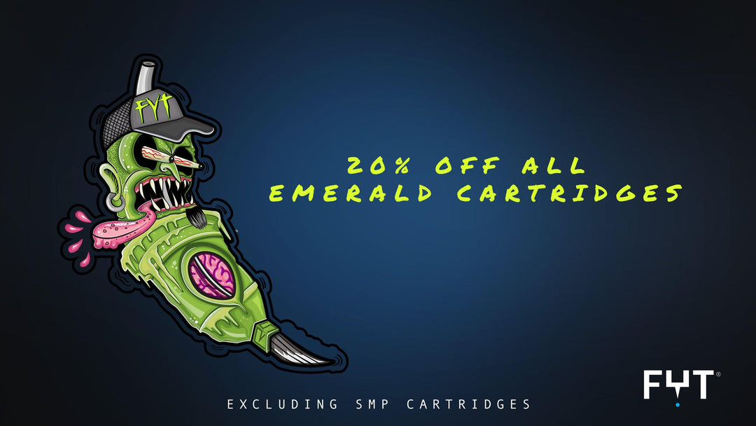 FYT Tattoo Supplies New York sale banner, animated emerald cartridge character, 20% off promotion