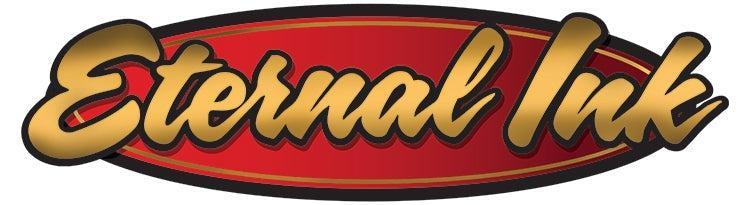 Eternal Ink logo with gold lettering on red background, tattoo supplies branding