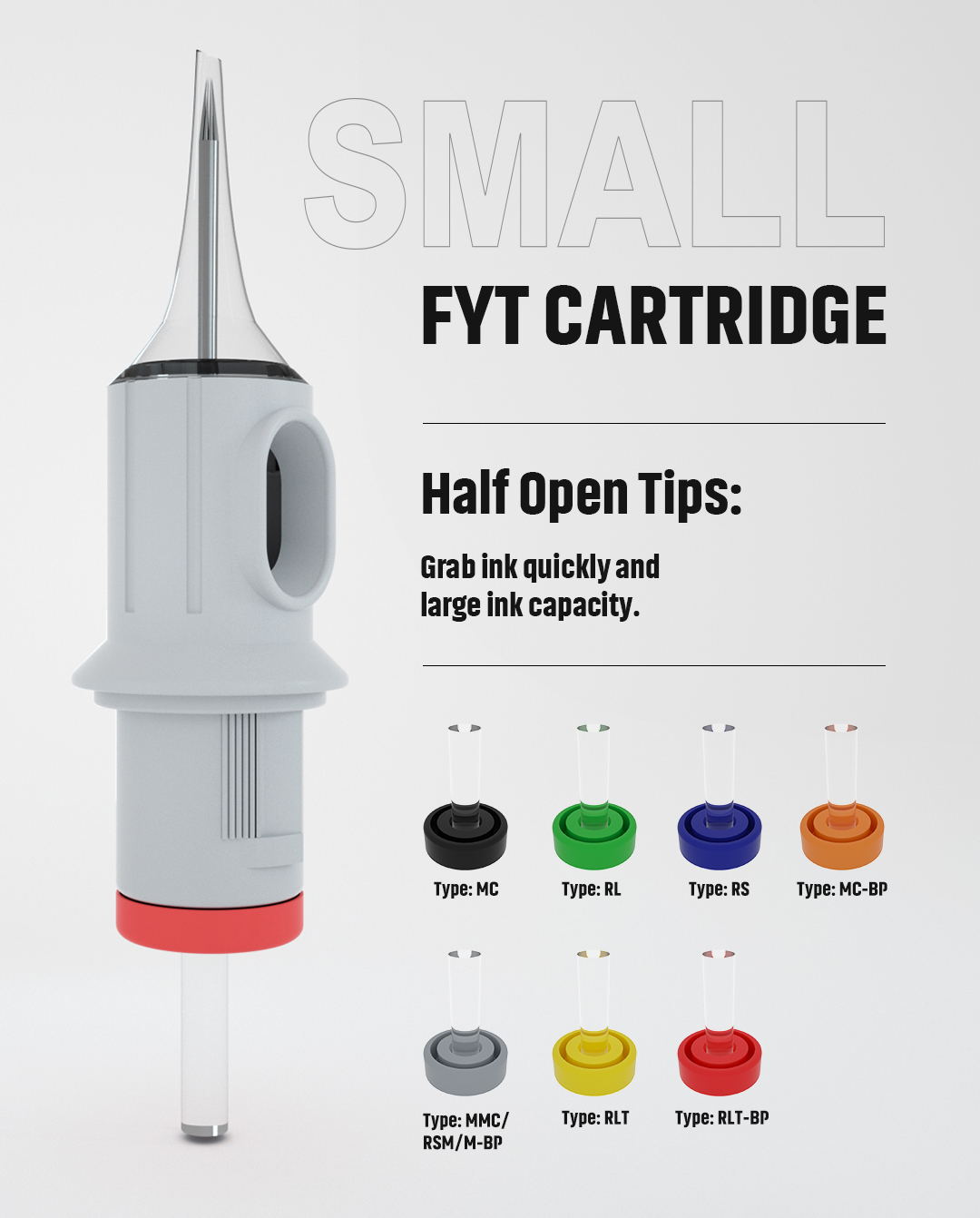 FYT small tattoo cartridge with silicone membrane, multiple tip types, tattoo supplies New York