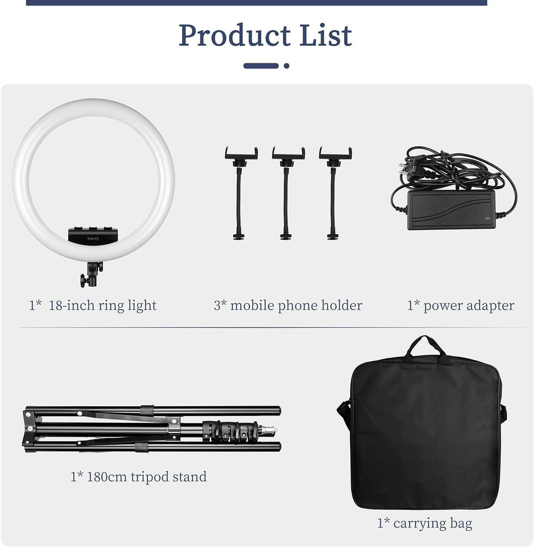 Ring Light 18 Inches, Dimmable 2700K-6500K, LED Ring Light with Adjustable Stand & Cell Phone Holder - Power Tool Batteries - FYT Tattoo Supplies New York