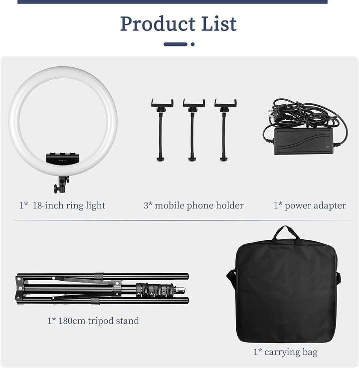 Ring Light 18 Inches, Dimmable 2700K-6500K, LED Ring Light with Adjustable Stand & Cell Phone Holder - Power Tool Batteries - FYT Tattoo Supplies New York