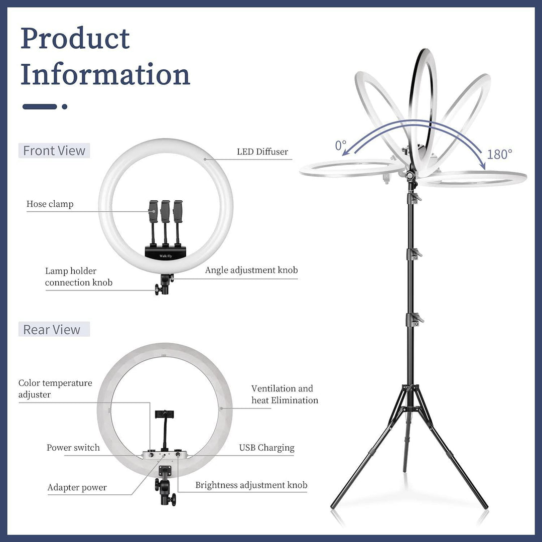 Ring Light 18 Inches, Dimmable 2700K-6500K, LED Ring Light with Adjustable Stand & Cell Phone Holder - Power Tool Batteries - FYT Tattoo Supplies New York